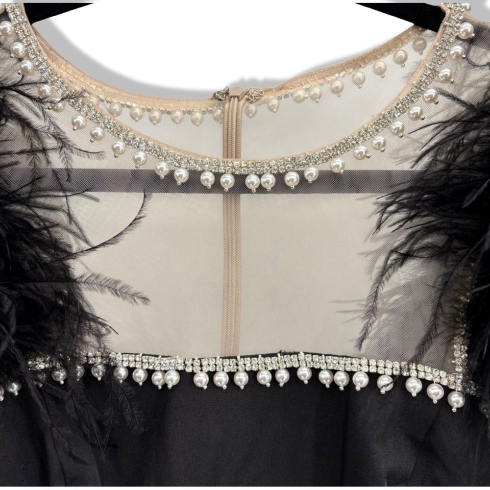 Mac Duggal Black Feather Cap Sleeve Pearl Embellished Midi Formal Dress | 2 - Picture 9 of 13